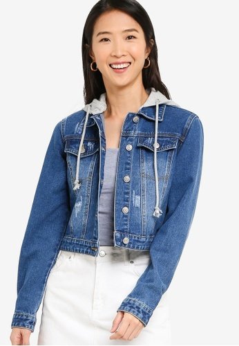 ZALORA BASICS Cropped Denim Jacket with Hoodie